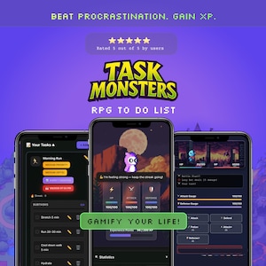 Puede incluir: Tres smartphones que muestran la aplicación de lista de tareas RPG "Task Monsters". La aplicación presenta un diseño pixelado con temática de monstruos, gamificando las tareas. La interfaz muestra listas de tareas, barras de progreso y elementos de juego.