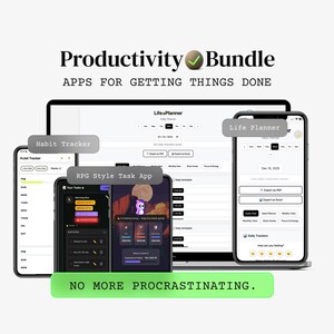 May include: A digital productivity bundle featuring a laptop, two smartphones, and a tablet displaying various apps. The apps include a habit tracker, RPG-style task app, and a life planner. The text "Productivity Bundle" and "No More Procrastinating" are visible.