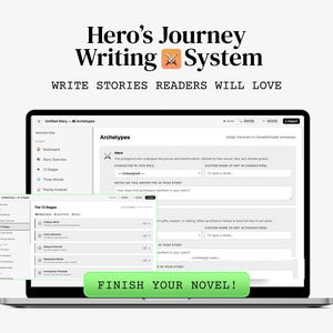 May include: A laptop screen displays the Hero's Journey Writing System software interface with navigation menus, archetypes, and 12 stages. The text reads Hero's Journey Writing System, WRITE STORIES READERS WILL LOVE, and FINISH YOUR NOVEL!