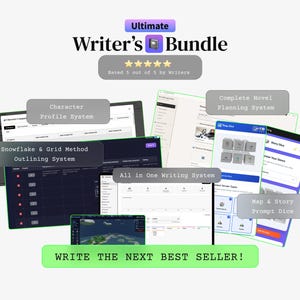 May include: A digital product bundle titled Ultimate Writer's Bundle featuring various software interfaces for writing, including a Character Profile System, Snowflake & Grid Method Outlining System, Complete Novel Planning System, and Map & Story Prompt Dice.