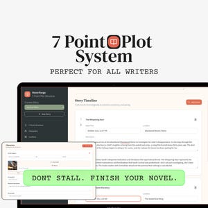 Könnte beinhalten: Ein Computerbildschirm zeigt das "7 Point Plot System" mit dem Text "PERFECT FOR ALL WRITERS." Der Bildschirm zeigt eine Story-Timeline und den Text "DONT STALL. FINISH YOUR NOVEL."