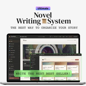May include: A digital interface for the Ultimate Novel Writing System displayed on a laptop screen. The software features a dark sidebar, a light-coloured workspace titled The Ashen Gate, and a green banner with the text WRITE THE NEXT BEST SELLER!
