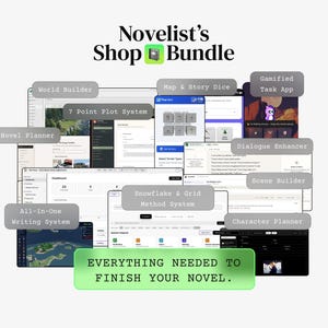 May include: A collection of digital tools for novelists, including a world builder, plot system, and character planner. The image features the text "Novelist's Shop Bundle" and "Everything Needed to Finish Your Novel."