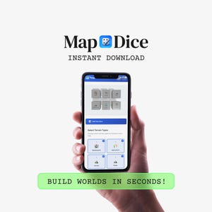 Puede incluir: Un smartphone que muestra la aplicación "Map Dice", sostenido en una mano. La interfaz de la aplicación muestra dados y opciones de terreno. El texto "Map Dice" y "Instant Download" están encima del teléfono. Una pancarta verde en la parte inferior dice "BUILD WORLDS IN SECONDS!"