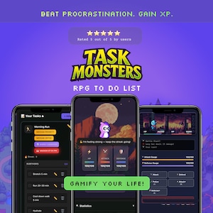 May include: A promotional image for the "Task Monsters" RPG to-do list app. The app's interface is displayed on three smartphones, showcasing features like task management, RPG elements, and gamification. The background is purple with the text "Beat Procrastination. Gain XP."