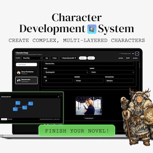 Könnte beinhalten: Ein Laptop-Bildschirm zeigt eine Benutzeroberfläche für ein Charakterentwicklungssystem. Der Text "Character Development System" und "Create Complex, Multi-Layered Characters" sind sichtbar. Eine grüne Schaltfläche lautet "Finish Your Novel!" Rechts ist eine Illustration eines Charakters.