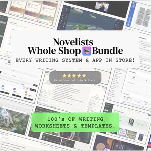 Pode incluir: Um pacote de produtos digitais exibindo o texto Novelists Whole Shop Bundle, EVERY WRITING SYSTEM & APP IN STORE!, uma classificação de cinco estrelas e um banner verde com o texto 100'S OF WRITING WORKSHEETS & TEMPLATES.