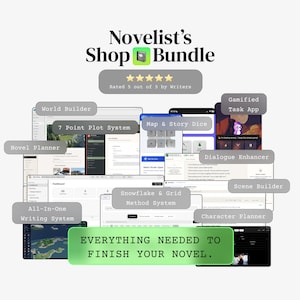 May include: A digital bundle titled Novelist's Shop Bundle featuring various writing tools including a World Builder, 7 Point Plot System, Novel Planner, Gamified Task App, Map & Story Dice, Dialogue Enhancer, Scene Builder, and Character Planner.