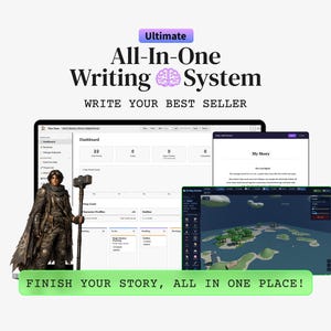 Puede incluir: Un anuncio de un sistema de escritura todo en uno. La imagen muestra una computadora portátil y dos tabletas que muestran la interfaz del software. El texto dice "Ultimate All-In-One Writing System" y "Finish Your Story, All In One Place!"
