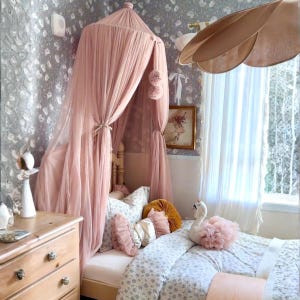 May include: A pink canopy bed with sheer draping and decorative pom-poms. The bed is adorned with pillows in shades of pink and gold, and a swan-shaped plush toy. The room features floral wallpaper and a wooden dresser.