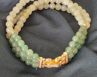Pulseira de Jadeíta Natural com Contas – Verde Claro Translúcido, Amarelo Claro e Branco