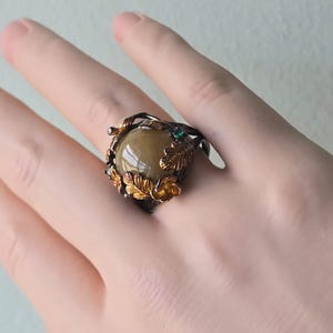 Jadeite Burmese Jade Leaf Flower Ring - Translucent Ochre (Free Size)