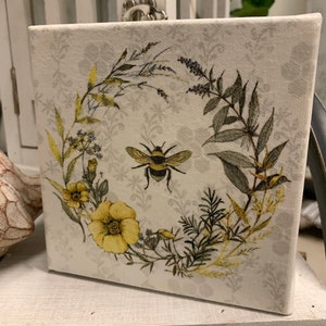 Queen Bee in Wreath  Decoupage Art on 5 x 5 Canvas.