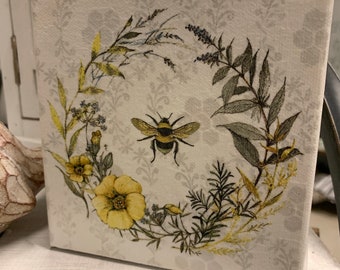 Queen Bee in Wreath  Decoupage Art on 5 x 5 Canvas.