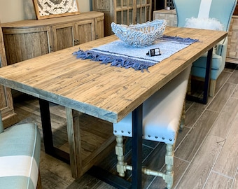 Modern Reclaimed Pine Dining Table: Iron & Wood Base (86"L)
