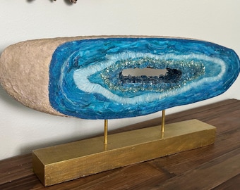 Handmade Agate Art Sculpture: Solid Wood, Glass & Paint