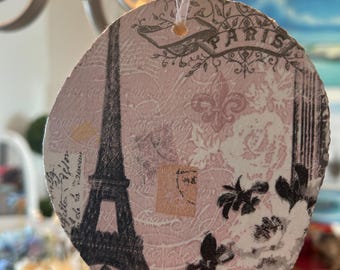 Paris Eiffel Tower Christmas Ornament, Decoupage Wood Slice Art