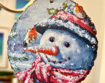 Christmas Ornament Decoupage Art on Live Edge Wood Slice 3” to 4” Dia.