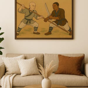 Shaolin Kungfu Monks using weapons vintage art from Shaolin Temple in China.