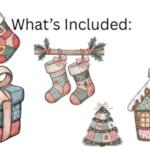 Puede incluir: Una colecci&oacute;n de ilustraciones navide&ntilde;as, que incluyen un calcet&iacute;n, dos calcetines colgantes, una caja de regalo, un &aacute;rbol de Navidad, una casa de jengibre y una bola de Navidad. El texto "What's Included:" est&aacute; en la parte superior.