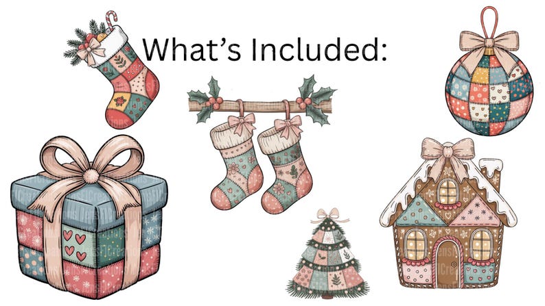 Puede incluir: Una colecci&oacute;n de ilustraciones navide&ntilde;as, que incluyen un calcet&iacute;n, dos calcetines colgantes, una caja de regalo, un &aacute;rbol de Navidad, una casa de jengibre y una bola de Navidad. El texto "What's Included:" est&aacute; en la parte superior.