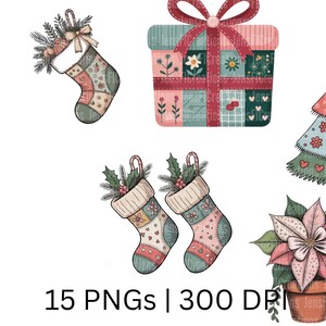 Puede incluir: Ilustraciones en acuarela de elementos navide&ntilde;os. La imagen incluye una casa de jengibre, calcetines, una caja de regalo, un &aacute;rbol de Navidad y flores de pascua en macetas. El texto "15 PNGs | 300 DPI" est&aacute; en la parte inferior.