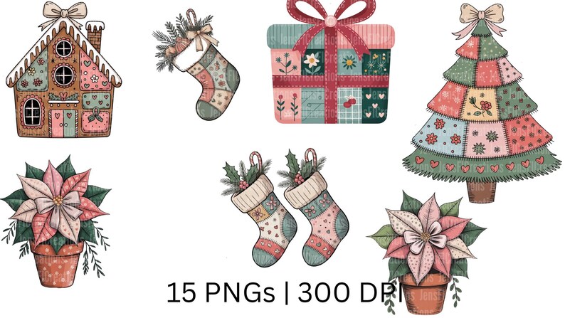 Puede incluir: Ilustraciones en acuarela de elementos navide&ntilde;os. La imagen incluye una casa de jengibre, calcetines, una caja de regalo, un &aacute;rbol de Navidad y flores de pascua en macetas. El texto "15 PNGs | 300 DPI" est&aacute; en la parte inferior.