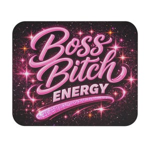 Boss Bitch Energy Mouse Pad | Glitter Pink Script, Desk Mat