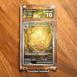 May include: A graded Pokémon card in a clear protective case. The card features a Ninetales illustration with a golden color scheme. The card is labeled "2023 Pokémon OBF Ninetales Illustration Rare" and graded "GM MT 10". The text "Card Not Included" is at the bottom.