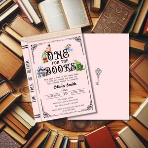One for the Books Invitation, Pink Storybook Invite, First Birthday Invite, Book Themed Birthday, Chapter One, Library, Birthday Template