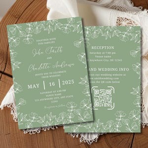 Sage Green Wedding Invitation, Dainty Floral Wedding Invitation, Floral Border, Elegant Invite, Boho Party, Cottage Core Invitation Template