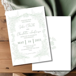 Sage Green Wedding Invitation, Dainty Floral Wedding Invitation, Floral Border, Elegant Invite, Boho Party, Cottage Core Invitation Template