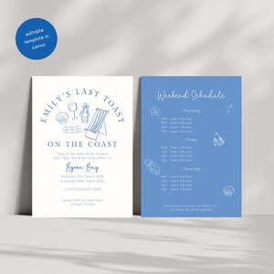 Peut inclure: Un ensemble de faire-part de deux pages sur le thème de la plage. La page de gauche est blanc cassé avec du texte et des illustrations bleus, dont un coquillage, un verre à vin et une chaise longue. La page de droite est bleue avec un programme du week-end.