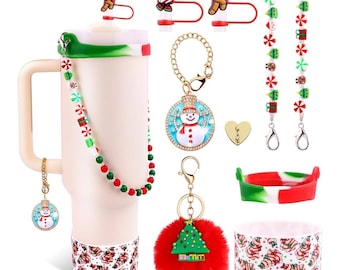 8pc Christmas Stanley Cup Accessories for 40/30oz Tumbler including Silicone Straw Topper, Silicone Cup Boot, Beaded strap, Charms
