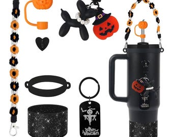 5/7pc Halloween Stanley Cup Accessories for 40/30oz Tumbler including Silicone hat Straw Topper, Silicone Cup Boot, crochet strap, Charms