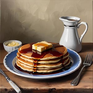 Pancake Breakfast Wall Art – Syrup & Butter Stack Printable – Rustic Kitchen Food Print – Cozy Farmhouse Digital Download