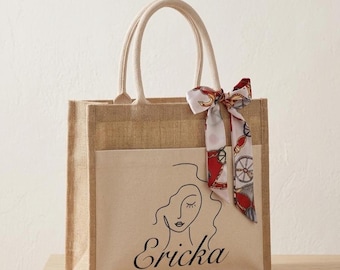 Personalized Jute Bag with Name Gift for Maid of Honor /Wedding welcome bag /Gift for Woman. Bag with Bow. Beach bag.