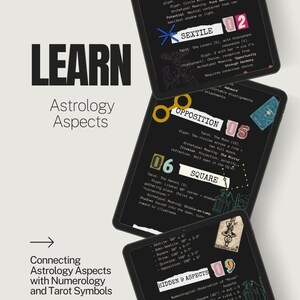 May include: Printable digital guide for learning astrology aspects, numerology, and tarot symbols. The guide features black tablets with colorful graphics and text, including "Conjunction," "Sextile," and "Square."