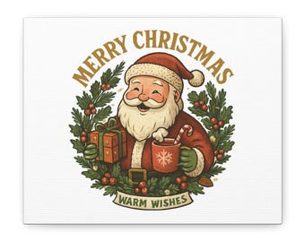 Merry Christmas Santa Wreath Canvas | Matte Stretched Wall Art