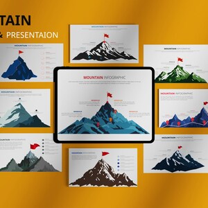以下が含まれることがあります： 黄色い背景に「10 Mountain Infographic & Presentation」というタイトルのデジタルプレゼンテーション。プレゼンテーションには、山のインフォグラフィックを表示するタブレットが含まれており、頂上に赤い旗が付いた10個の山のイラストに囲まれています。P、Ai、SVG、EPSのアイコンが左上にあります。