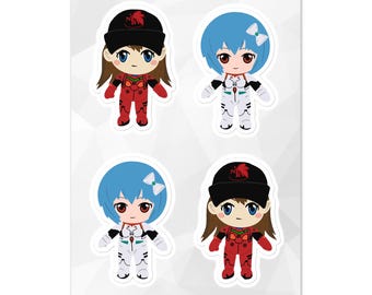 May include: A sheet of stickers featuring four chibi-style characters. Two characters have brown hair and wear black hats and red jumpsuits. The other two have blue hair and wear white jumpsuits. All have large eyes and are on a white background.