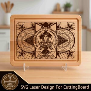 May include: A rectangular wooden chopping board with a laser-engraved design featuring a witch figure, celestial symbols, and the text "SVG Laser Design For CuttingBoard". The board has a light wood colour and a recessed edge.