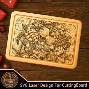 May include: A rectangular wooden cutting board with a laser-engraved underwater scene featuring sea turtles, starfish, and coral. The board has a light wood finish and a rounded edge. Text at the bottom reads "SVG Laser Design For CuttingBoard".