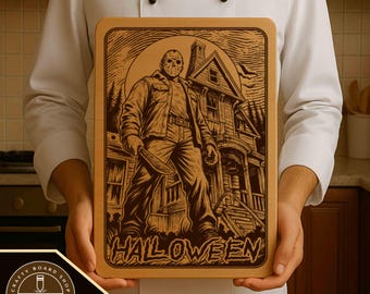 May include: A rectangular wooden cutting board with a laser-engraved Halloween design. The design features a figure with a mask and a knife in front of a haunted house. The word "HALLOWEEN" is at the bottom. The text "SVG Laser Design For CuttingBoard" is at the bottom.