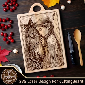May include: Wooden cutting board with a laser-engraved design of a girl and a horse. The girl is wearing a Native American-style outfit. The board has a handle and is surrounded by a knife, spoon, and decorative elements.