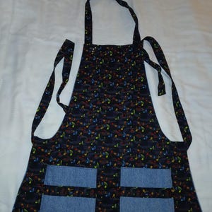 Reversible Apron - Upcycled Denim and Colorful Musical Notes on Black Cotton - Adult Size - Novelty Print