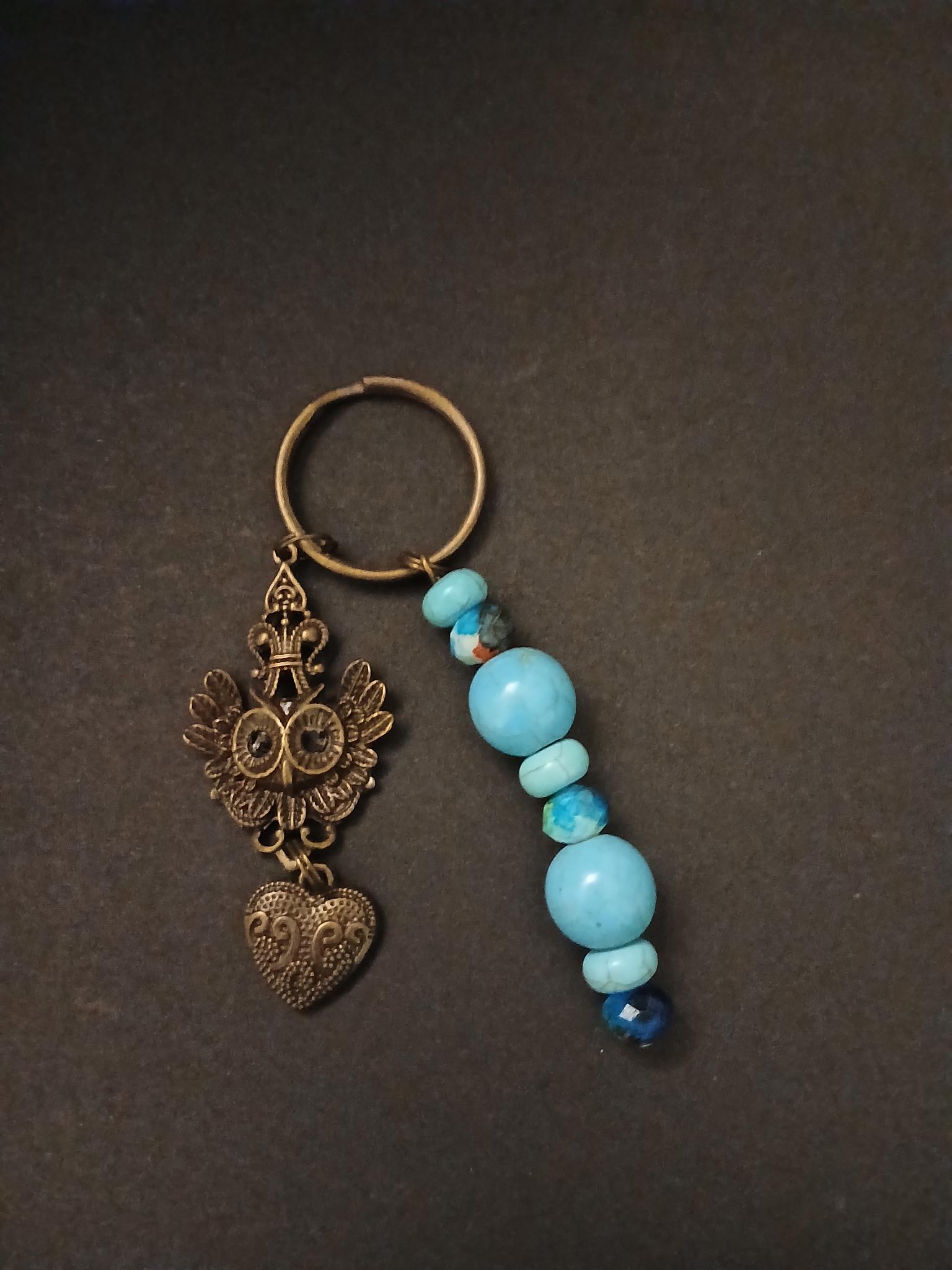 Owl Key Chain with Heart and Blue Beads - Antique Bronze