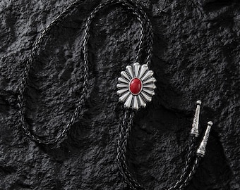 Silver Flower Bolo Tie: Vintage-Inspired Leather Necklace, Handcrafted Red Gemstone