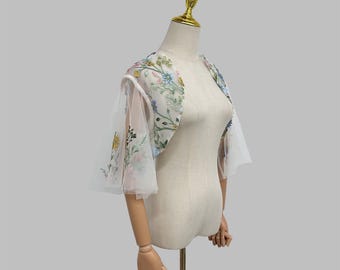 Tulle Lace Bride&#39;s Coat, Bridal Shoulder Cape, Floral Lace Wedding Tulle Cape, Custom Bridal Coverup, Sheer Shoulder Cape, Separates Shawl