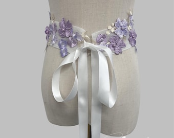 Purple Lace Belt, Bridal Lace Sash, Floral Wedding Dress Belt Embroidered Boho Sash with Tie Handmade Bridal Accessory for Garden Wedding